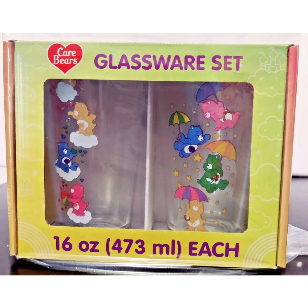 CARE BEARS 16oz Glasses Set of TWO Glassware Cups NEW
